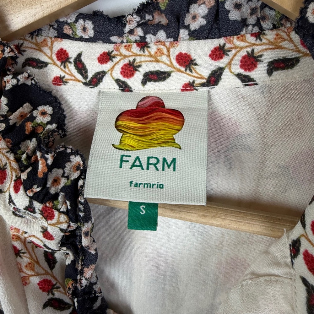 Farm Rio Ruffled Mock Neck Mini Dress Small Berry Garden Botanical Floral Tiered - Picture 9 of 16